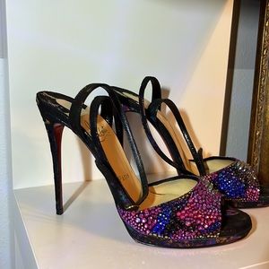 Louboutin loubiloo bling bang 120 rhinestone heels open toe opal suede milky hot